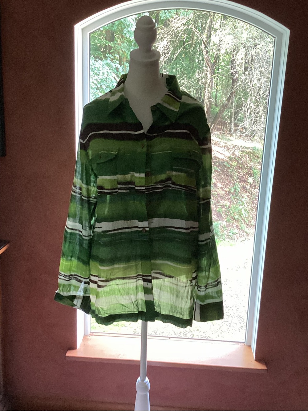 Jones New York Green Striped Button-Front Blouse